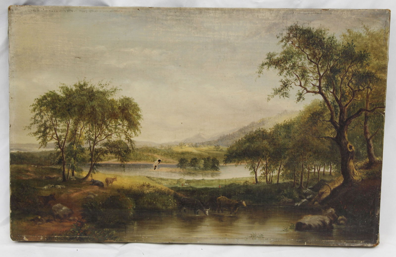 Unsigned o/c landscape w cows watering & mountains in background - as found - unframed - 13"x19" (1 of 8)