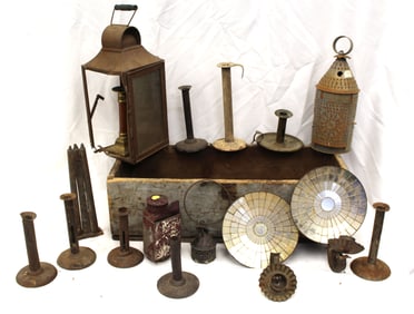 Large lot of antique & vintage lighting incl lanterns, push-up candlesticks, candle mold, mirrored