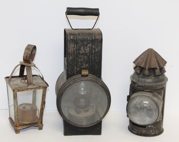 Lot of 3 antique/vintage tin lanterns incl 1 w bullseye glass - 8", 12" & 8 1/2" tall