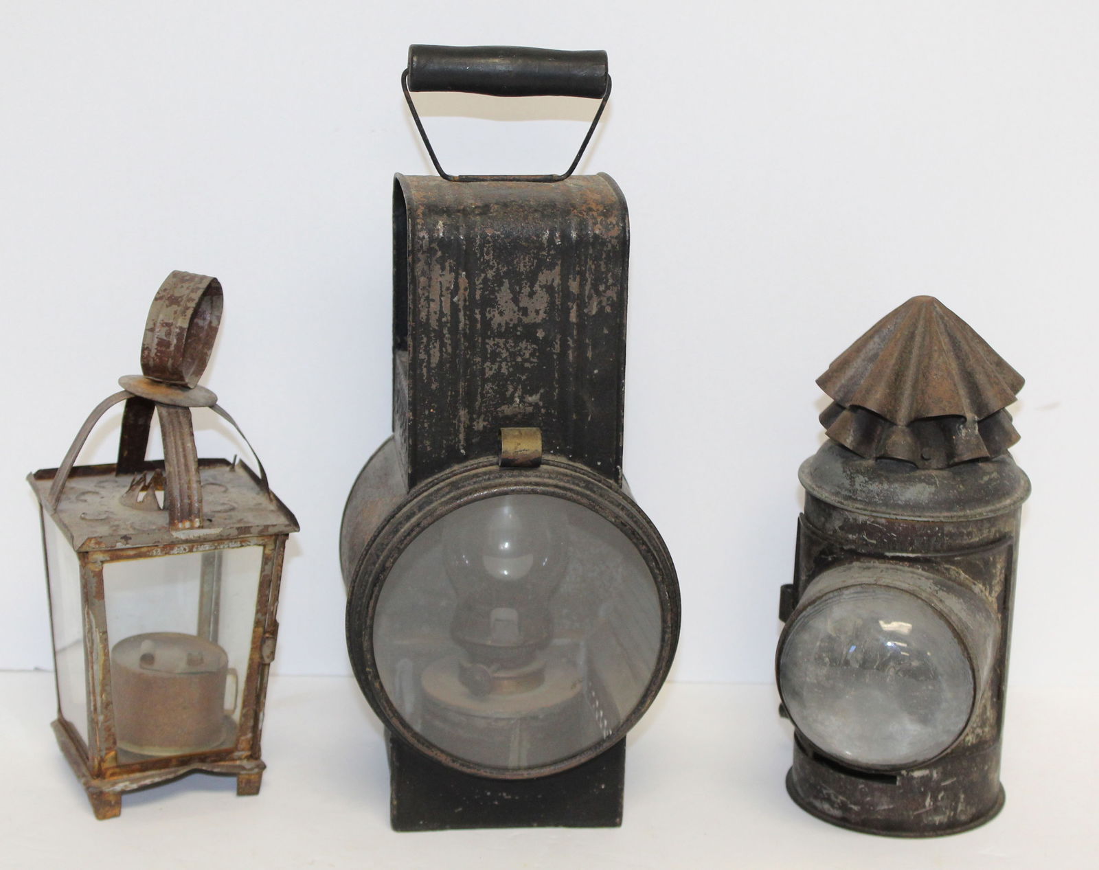 Lot of 3 antique/vintage tin lanterns incl 1 w bullseye glass - 8", 12" & 8 1/2" tall (1 of 8)