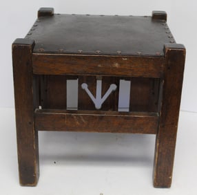 Vintage Mission Oak stool w leather upholstered top - 15" tall x15 1/2"x 15 1/2"