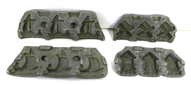 Lot of 2 antique pewter candy molds - sailboat & windmill -