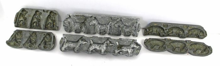 Lot of 3 antique pewter candy molds - bear, dog & pig