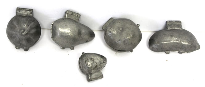 Lot of 5 antique pewter ice cream molds - strawberry, banana, apple, pear & pumpkin