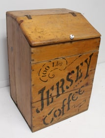 Antique paint decorated wooden coffee bin - "Jersey Coffee - 100 lbs" - 32" tall x 21"x20"
