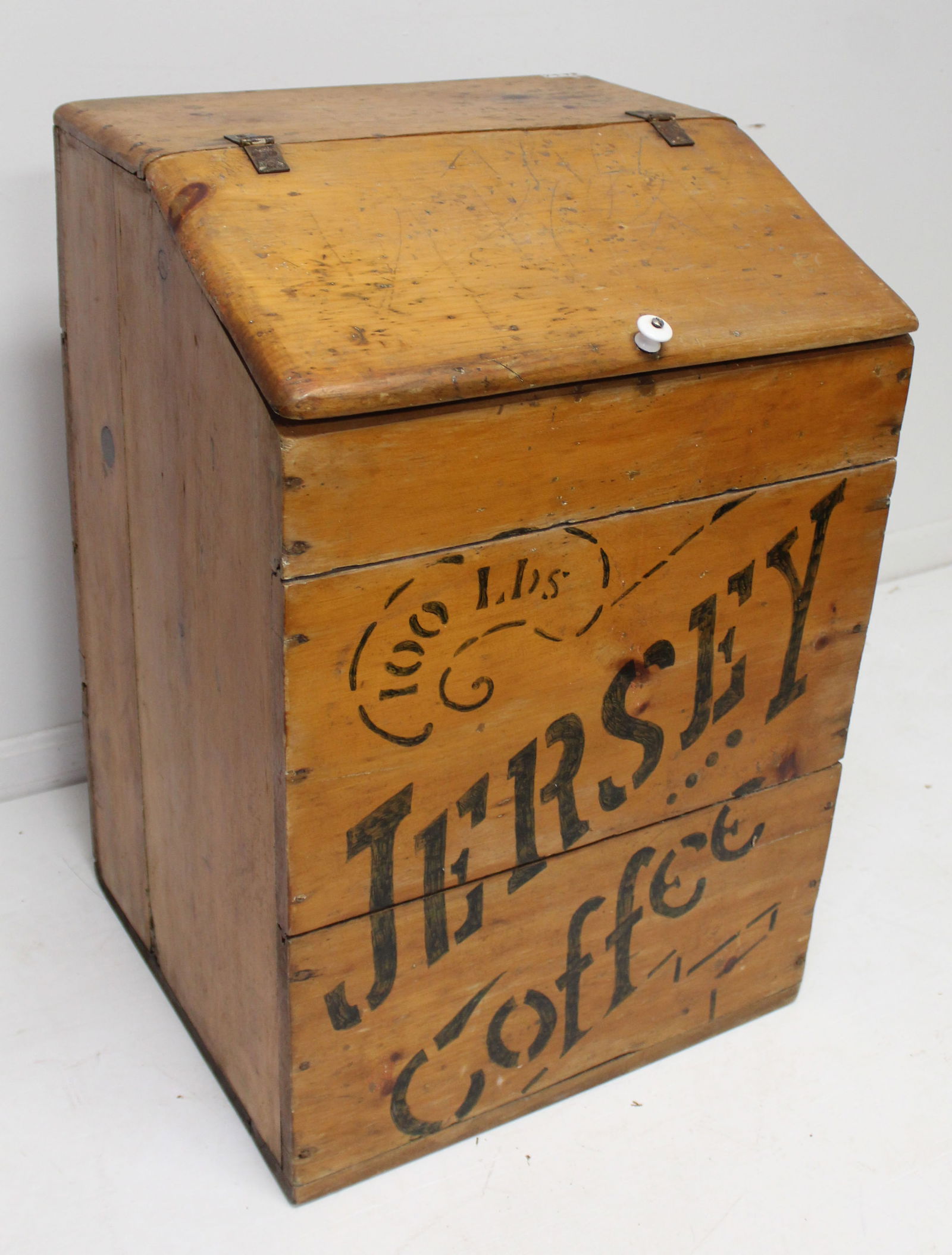 Antique paint decorated wooden coffee bin - "Jersey Coffee - 100 lbs" - 32" tall x 21"x20" (1 of 6)