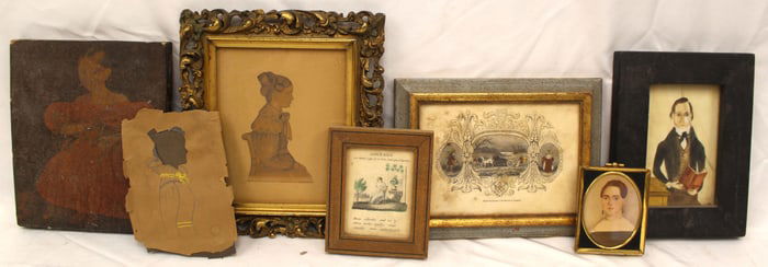 Lot of vintage small art incl prints, oil portrait, cut out/drawn silhouette, & w/c portrait of a