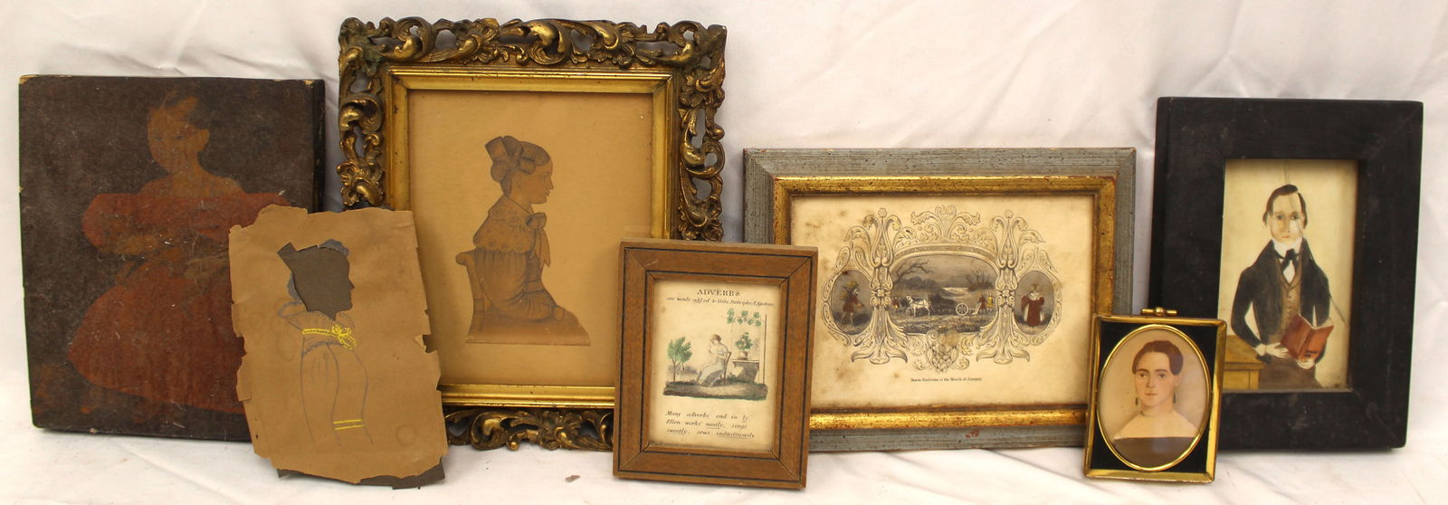 Lot of vintage small art incl prints, oil portrait, cut out/drawn silhouette, & w/c portrait of a (1 of 9)