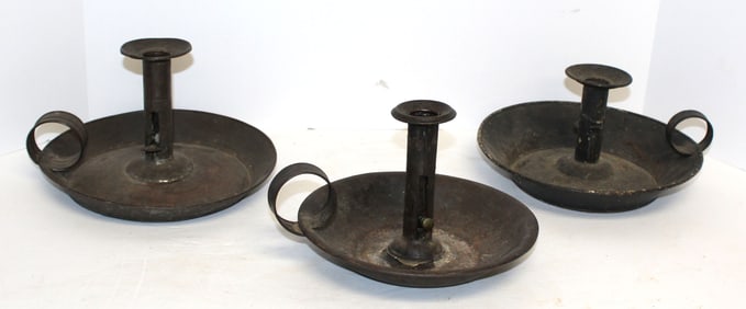 Lot of 3 antique tin push up chamber sticks - 8"x5" & 9"x6"