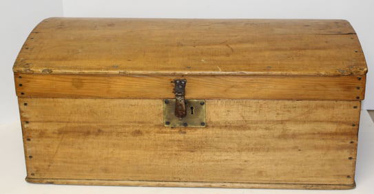 Small antique dome top trunk w later brass handles - 12" tall x 29"x15"
