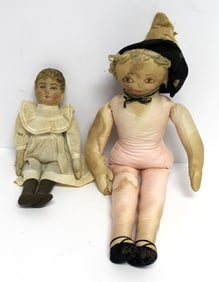 Lot of 2 vintage rag dolls w painted faces - 13" & 22" tall