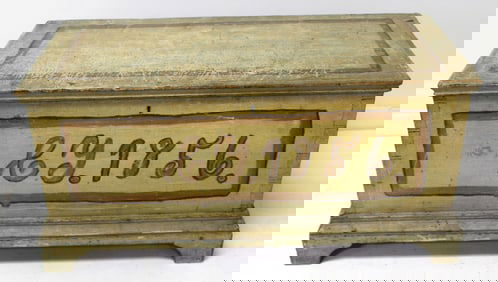 Antique paint decorated blanket box w  initials & "1856" painted on front - 17" tall x 36"x17"