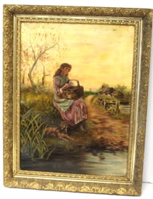 19thC o/c of girl w basket & dog on riverbank in gilt frame - overall framed size 26"x20"