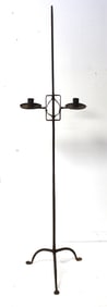 Antique iron floor standing adjustable lighting device w 2 socle candle holder on penny feet - 62"
