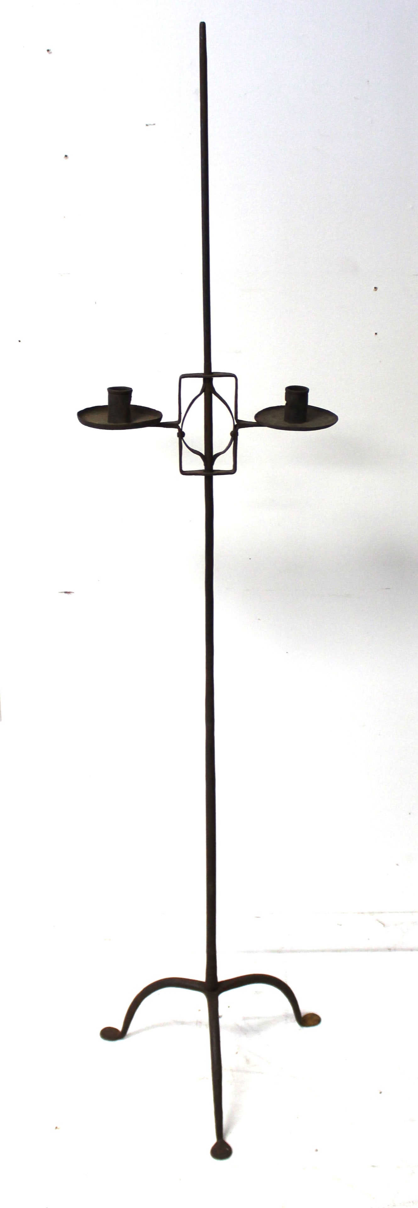 Antique iron floor standing adjustable lighting device w 2 socle candle holder on penny feet - 62" (1 of 3)