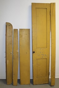 Lot of antique wood panels incl door in chrome yellow paint - 55"x14" - 73"x25"