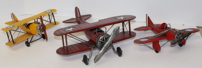 Lot of 3 vintage metal/tin airplanes - 10", 14" & 10" long