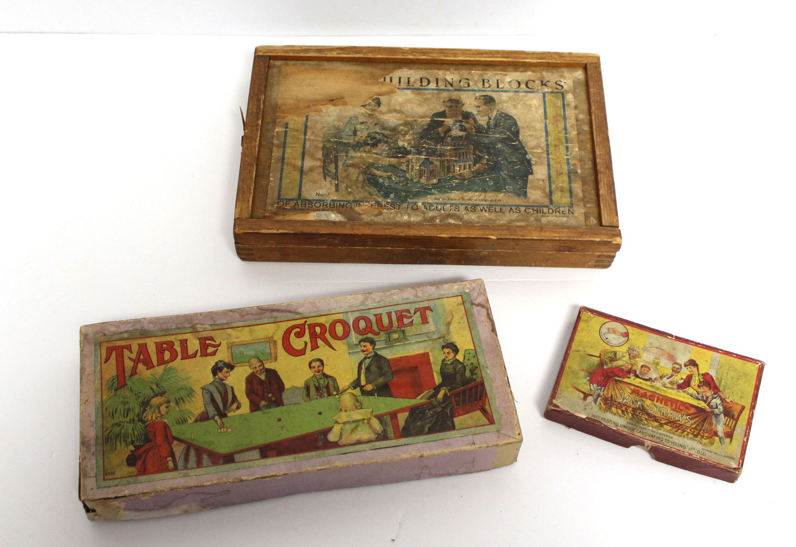 Lot of 3 antique children's orig boxed toys incl wooden puzzle, table croquet & magnetic Jack Straws (1 of 7)