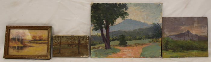 Lot of 4 antique landscape paintings incl a w/c & 3 oils - 3 1/2" - 8"x10"