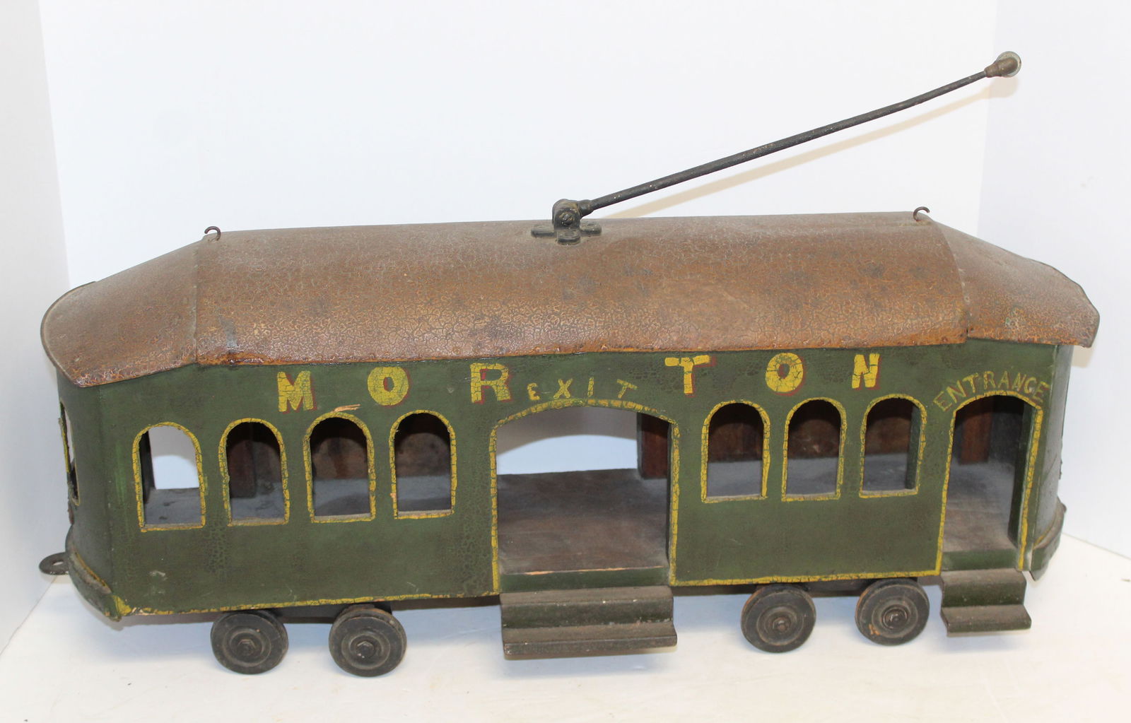 ca 1920 "Morton" Trolley car in wood, pressed steel & fiberboard - 14 1/2" to top of antenna x (1 of 6)