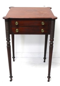 Sheraton antique 2 drawer stand w cookie corners & reeded legs - 29" tall x 18"x17 1/2"