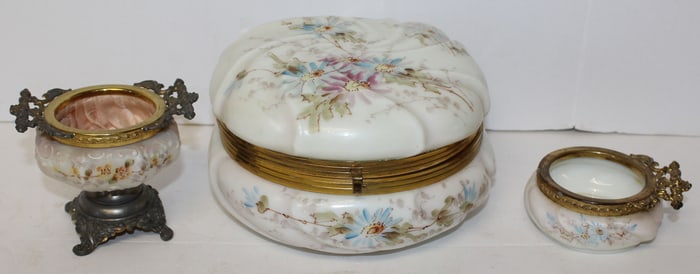 Lot of 3 Wavecrest dresser items - 3" tall compote, 4"x7 1/2" diam box & 1 1/2" tall small box