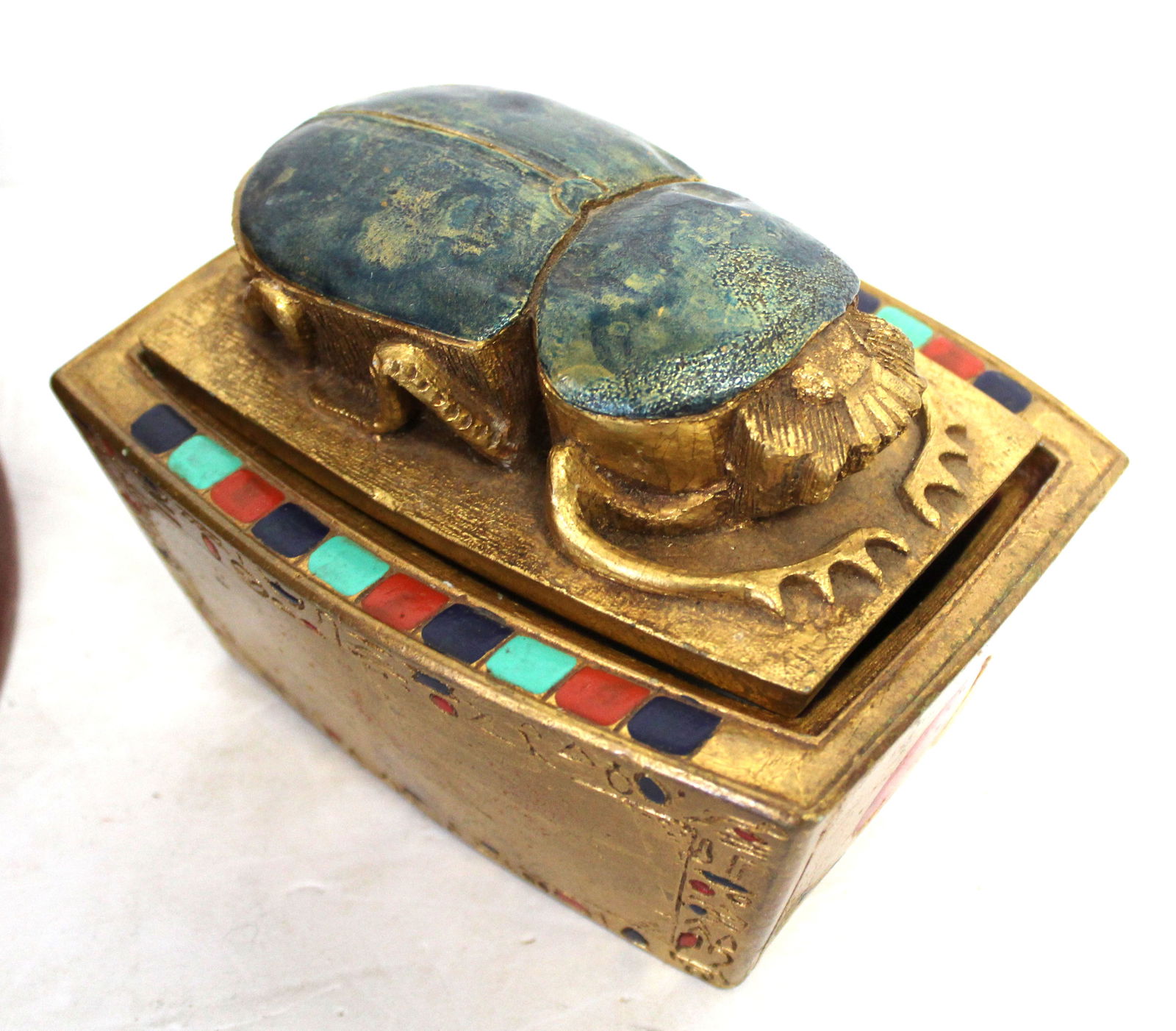 Gold Leaf, enamelled & cultured marble box w scarab lid by Theatrical Creations Los Angeles - 4": Gold Leaf, enamelled & cultured marble box w scarab lid by Theatrical Creations Los Angeles - 4" tall x 6"x4 1/2"