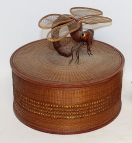 Woven covered box w dragon fly lid - 9" tall x 10 1/2" diam