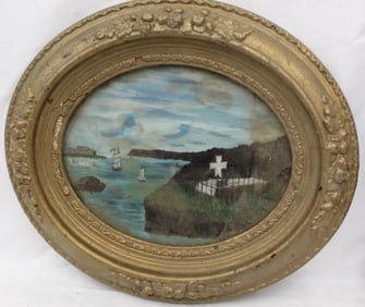 Oval oil painting memorial seascape w boats & a cemetery on a cliff  - overall framed size 12"x14"