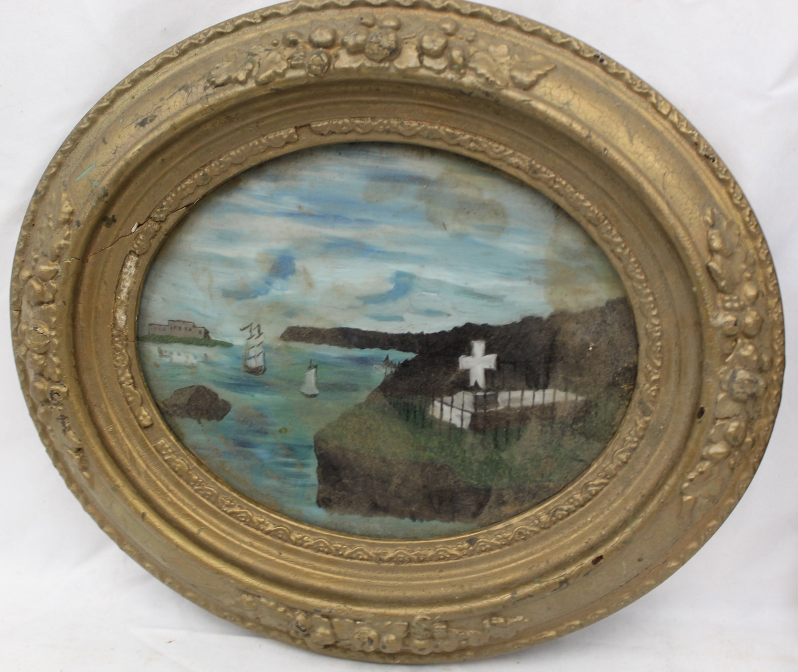 Oval oil painting memorial seascape w boats & a cemetery on a cliff - overall framed size 12"x14": Oval oil painting memorial seascape w boats & a cemetery on a cliff - overall framed size 12"x14" oval