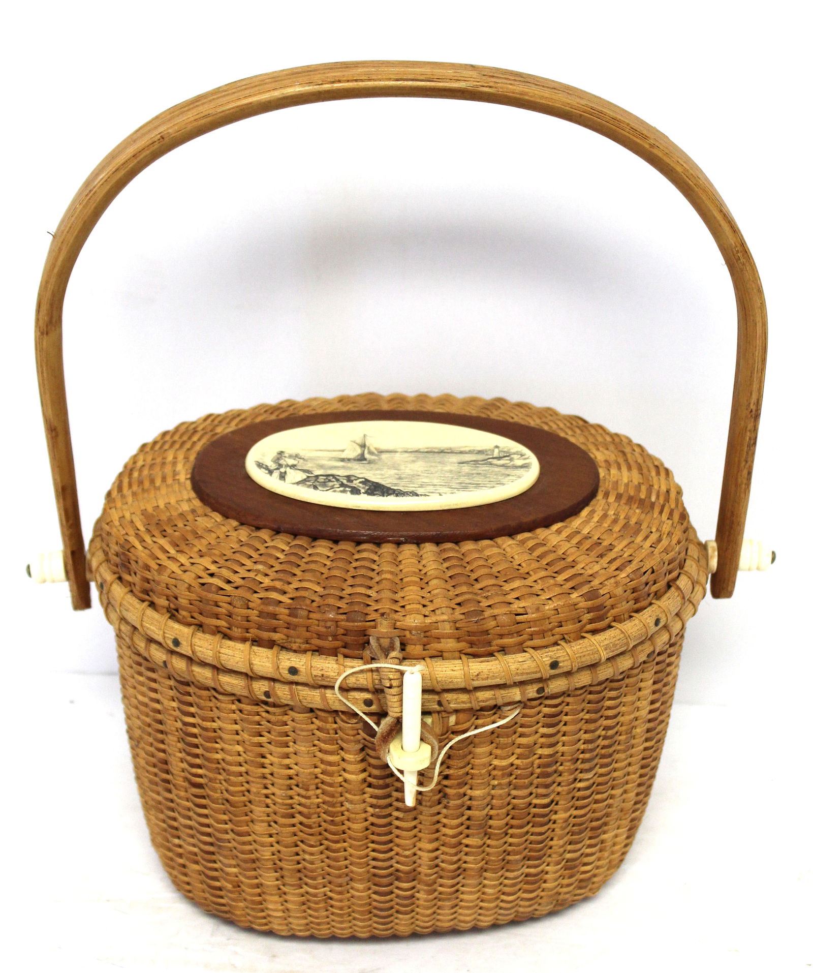 Vintage Nantucket basket/purse w ship in harbor w lighthouse plaque dec on lid - signed Barlow - 6 (1 of 7)
