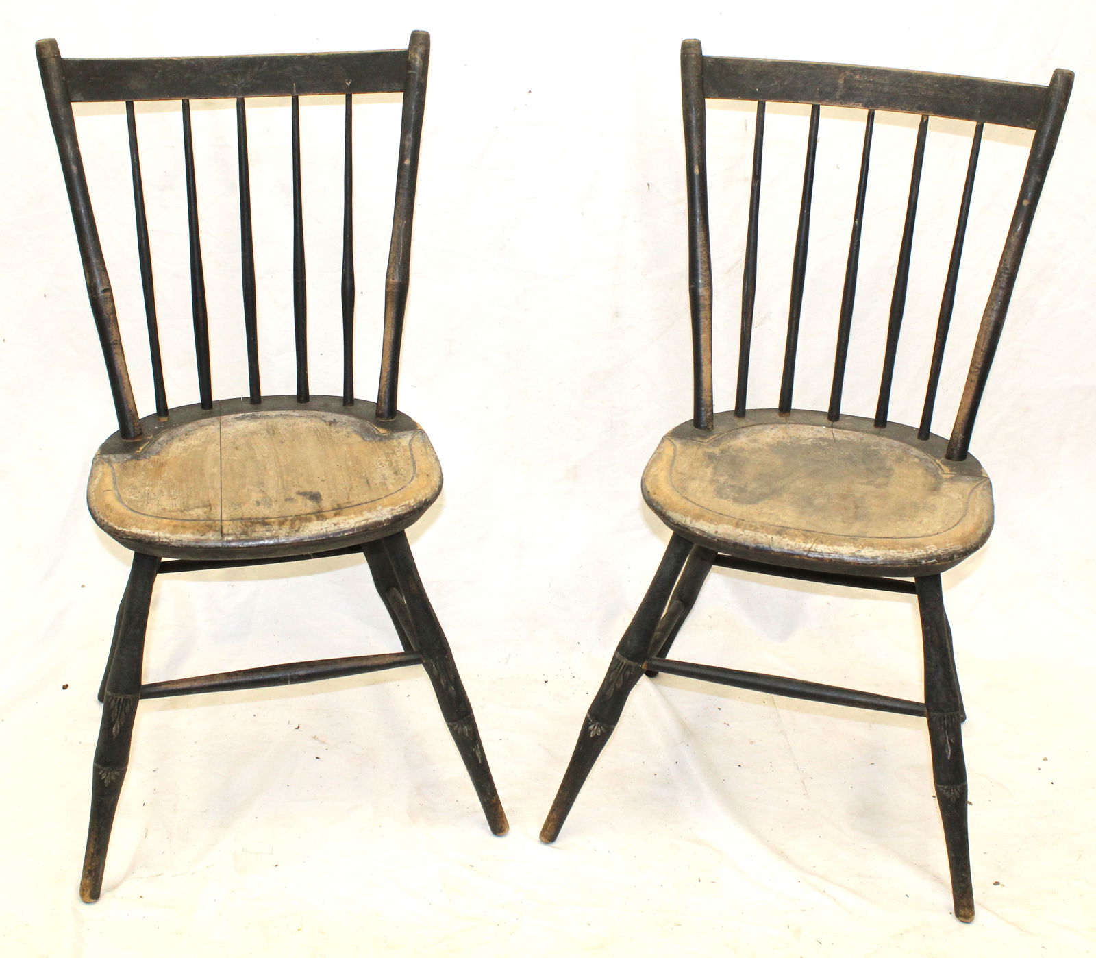 Pair of antique birdcage Windsor chairs in black paint w heart & vine stenciled crests - 34" tall x: Pair of antique birdcage Windsor chairs in black paint w heart & vine stenciled crests - 34" tall x 16 1/2" seat height