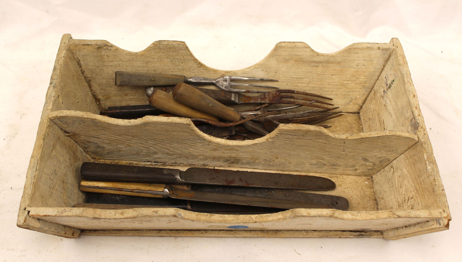 Antique utility carrier in white paint w wood & bone handled utensils - 3 1/2" x 14"x10": Antique utility carrier in white paint w wood & bone handled utensils - 3 1/2" x 14"x10"