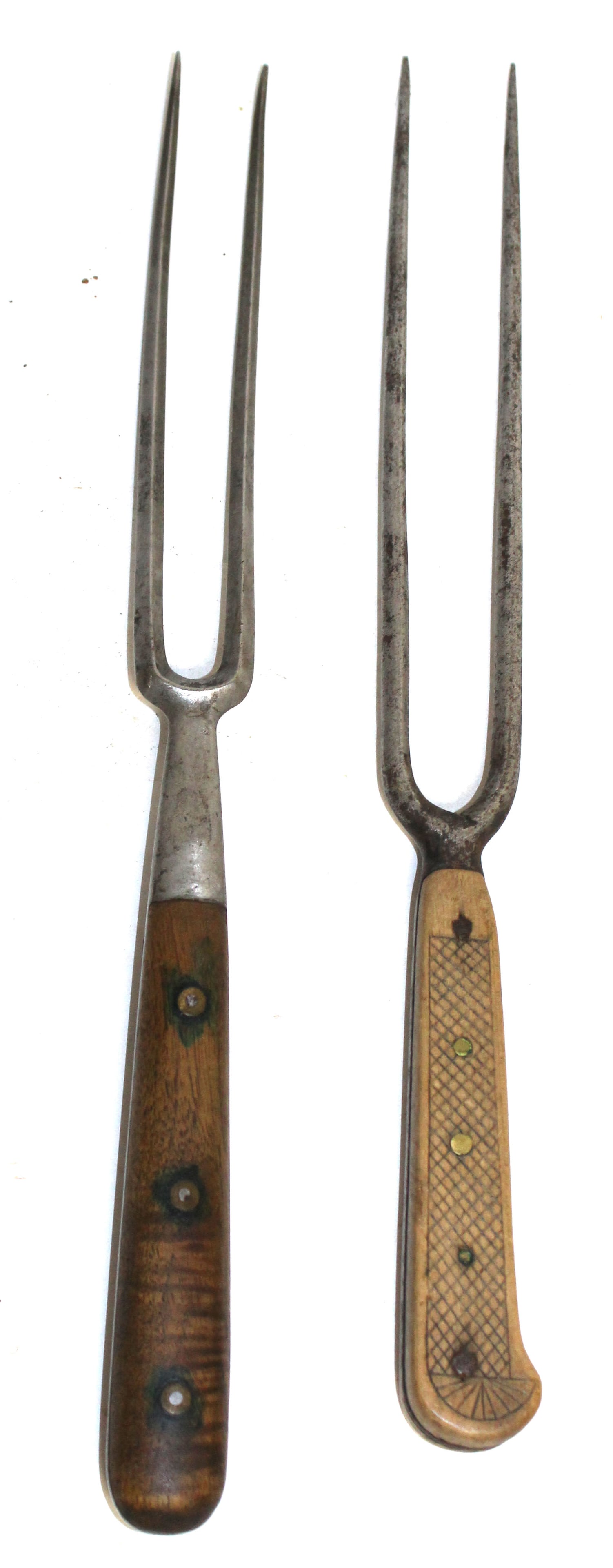 Lot of 2 antique pairs of tongs incl wooden handled & bone handled w scrimshaw initials & dated 1855: Lot of 2 antique pairs of tongs incl wooden handled & bone handled w scrimshaw initials & dated 1855 - 13" & 13 1/2" long