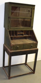 Primitive country desk on stand - top in green paint - as found - 66" tall x 28" x 23"