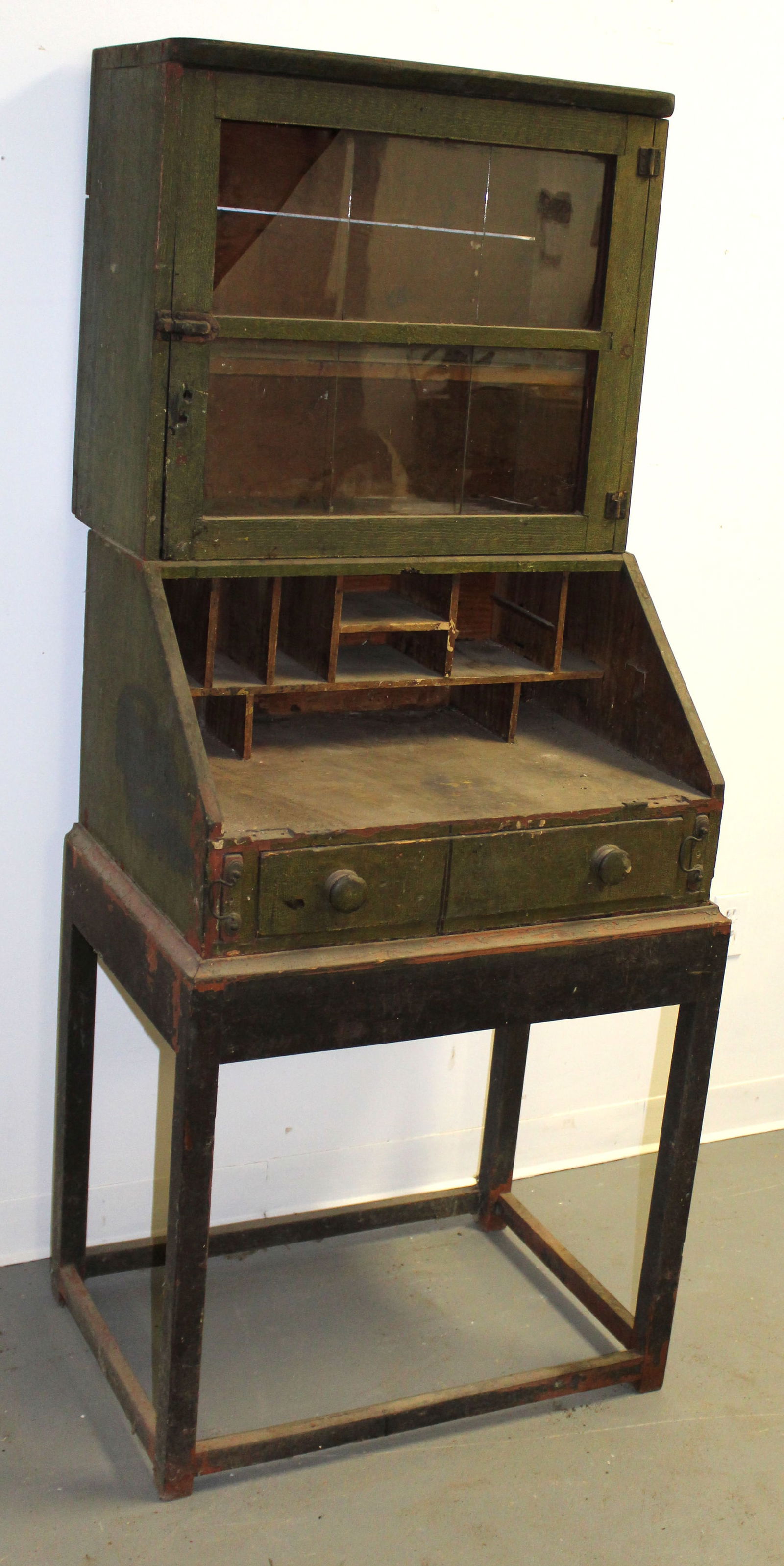 Primitive country desk on stand - top in green paint - as found - 66" tall x 28" x 23" (1 of 6)