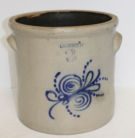 Geddes, NY stoneware 3 gal crock w cobalt floral dec - 10 1/2" tall x 11" diam