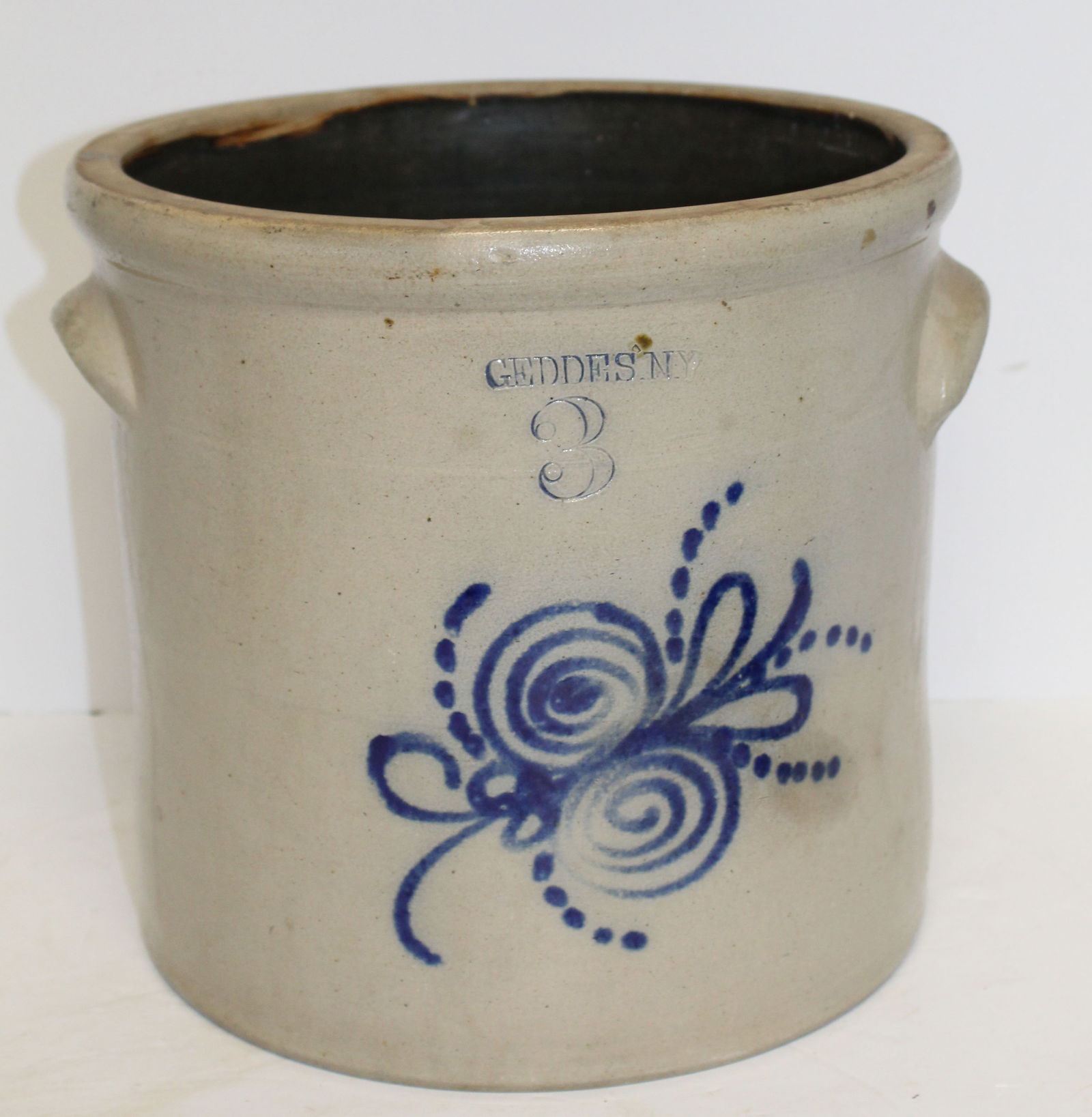Geddes, NY stoneware 3 gal crock w cobalt floral dec - 10 1/2" tall x 11" diam (1 of 8)