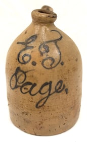 Antique stoneware jug w "E.J. Page" dec - 11" tall