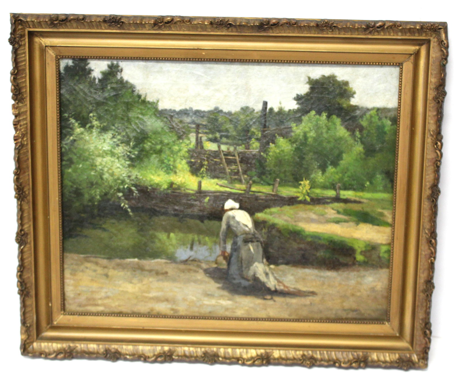 19thC French o/c of a woman gathering water in landscape - partial label on back stretcher - (1 of 9)