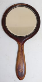 Antique round wooden handled Shaker hand mirror - 10"x5"