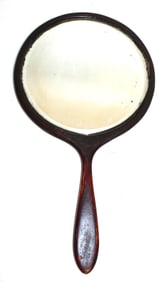 Antique round wooden handled Shaker hand mirror - 16"x9"