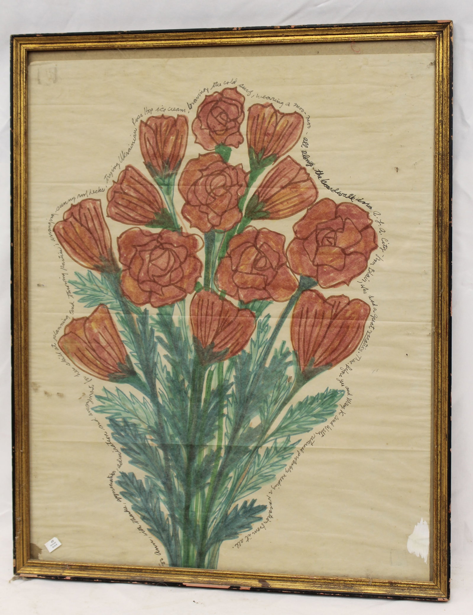 Vintage w/c of poppies with hand written inscription all around the poppies - 25 1/2"x20 1/2": Vintage w/c of poppies with hand written inscription all around the poppies - 25 1/2"x20 1/2"