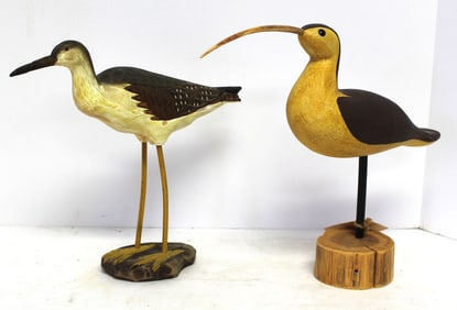 Lot of 2 carved wooden & painted shorebirds incl a signed Richard Morgan Curlew & yellowlegs - 10" &