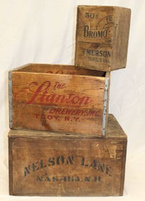 Lot of 3 antique bottle crates - 1 w fitted interior - 11"x17"x12", 11 1/2" tall x 8"x8" & 12" tall