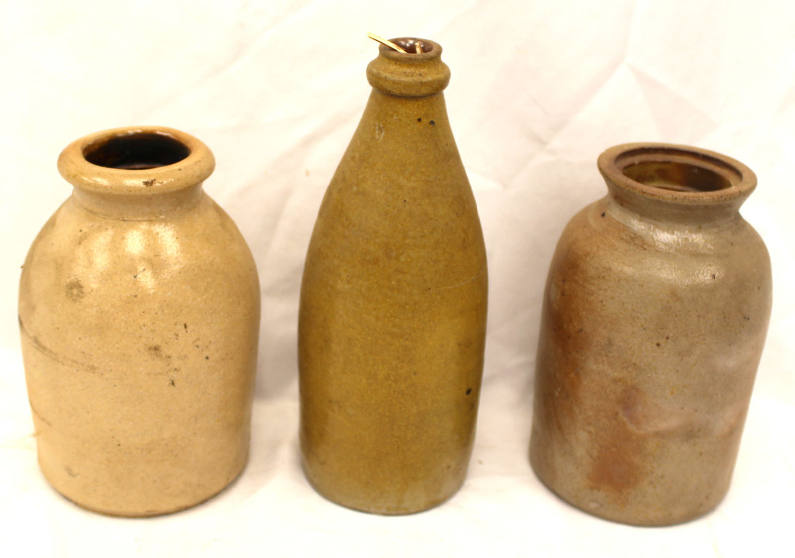 Lot of 3 stoneware items - 2 jars & a bottle - 7 1/2"-10" tall (1 of 5)