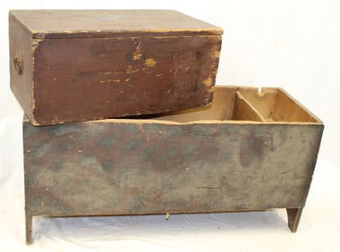 Lot of 2 antique boxes incl grain painted blanket box w bootjack ends - no lid - and lift top box in