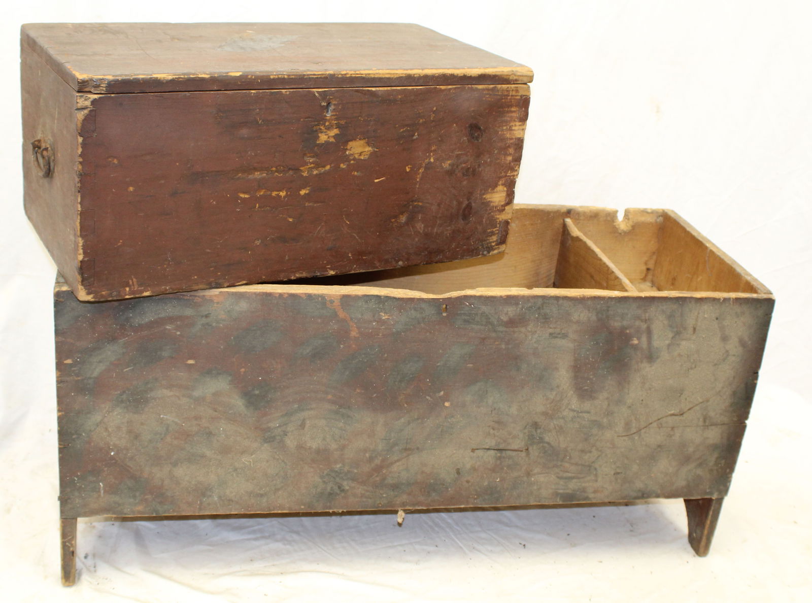 Lot of 2 antique boxes incl grain painted blanket box w bootjack ends - no lid - and lift top box in (1 of 6)