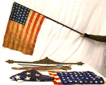 Vintage & antique American flag lot plus some architectural fragments & walking sticks - 34"-57"