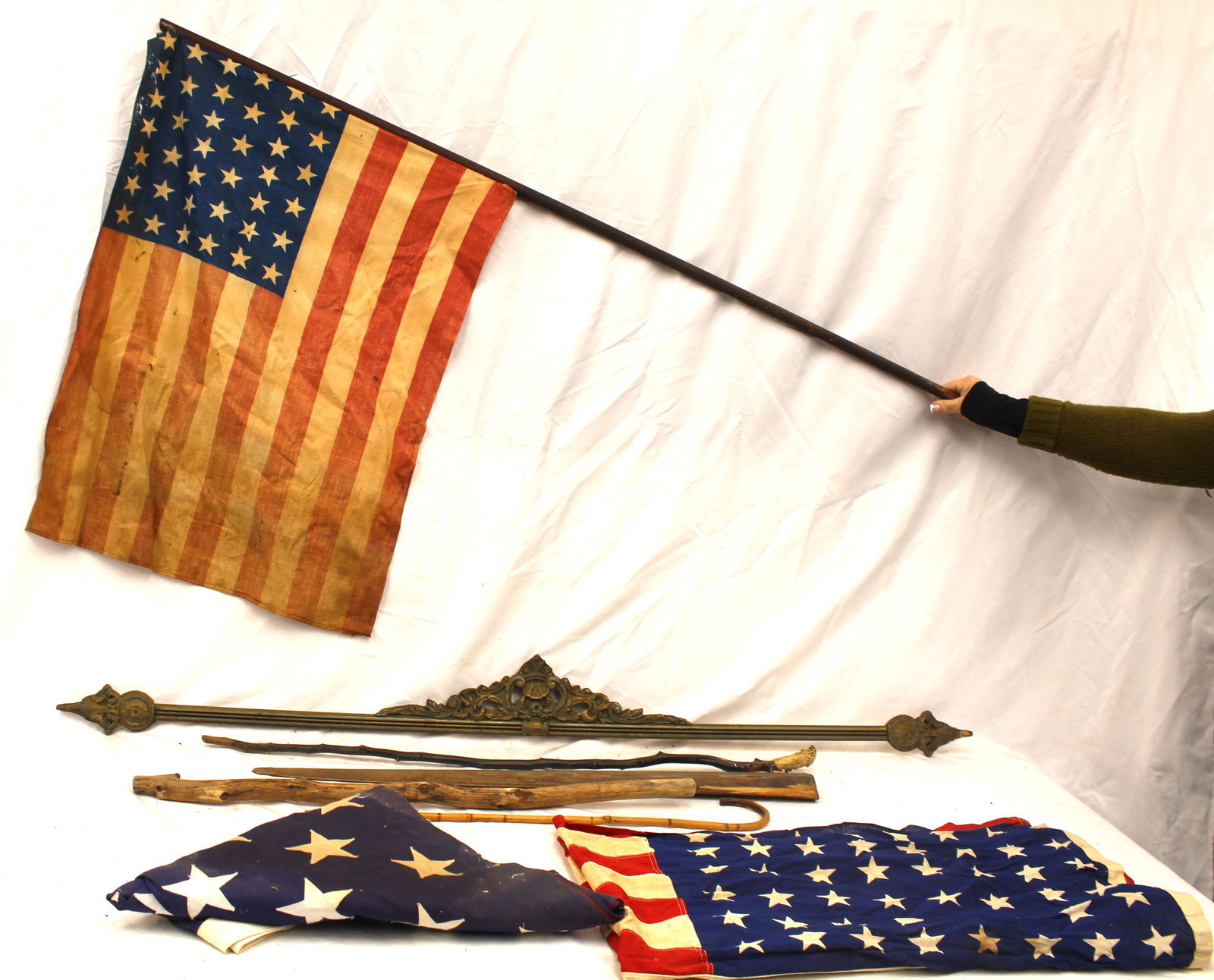 Vintage & antique American flag lot plus some architectural fragments & walking sticks - 34"-57" (1 of 7)